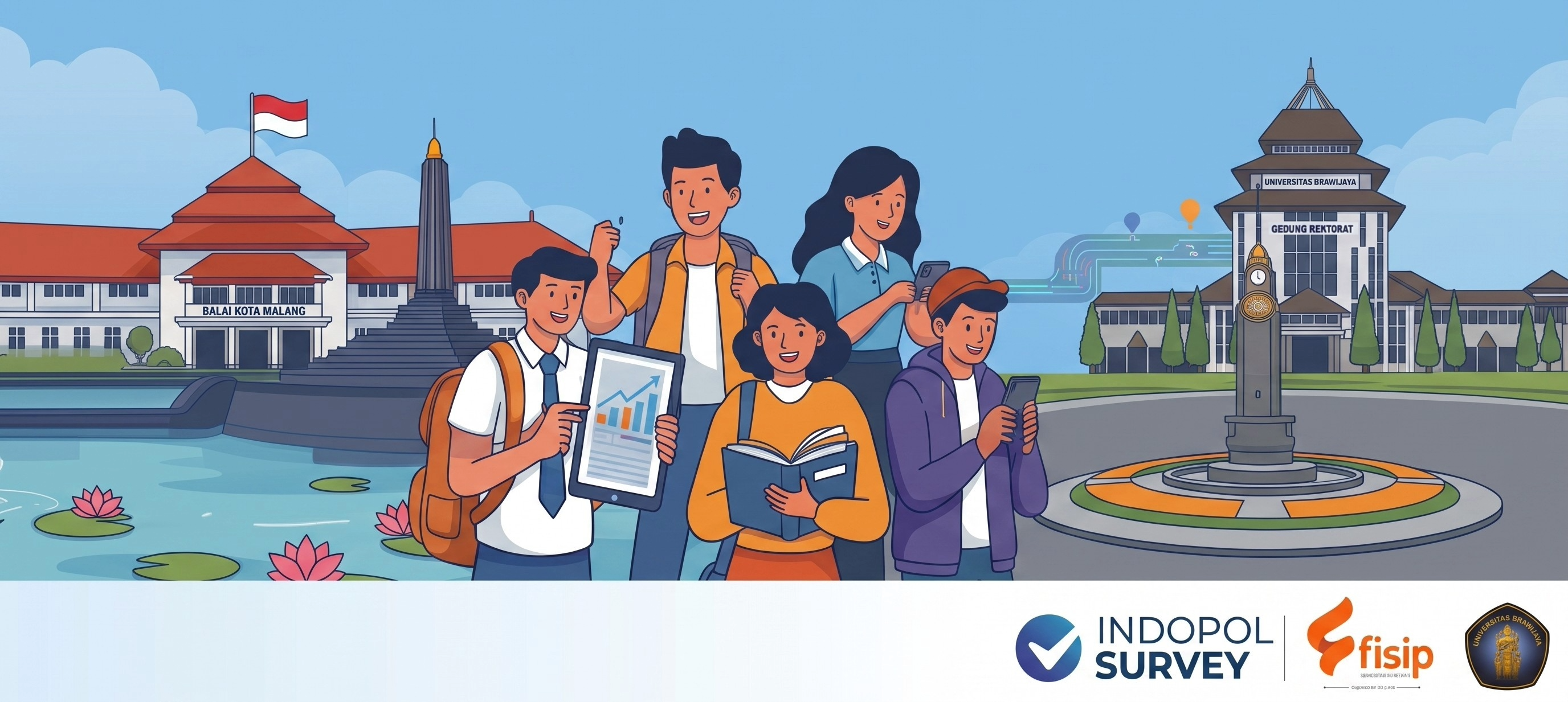 Ilustrasi pemuda Kota Malang mengisi survei di depan Balai Kota Malang dan Universitas Brawijaya